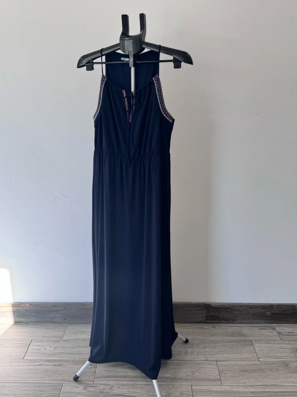 Maurices Navy Sleeveless Maxi Dress with Embroidered and Beaded Trim, Size Large - Picture 3 of 9